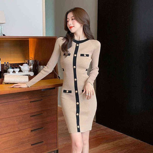 

woman casual dresses autumn winter dresses 2022 female slim fashion button bottomed buttock knit skirt, Black;gray