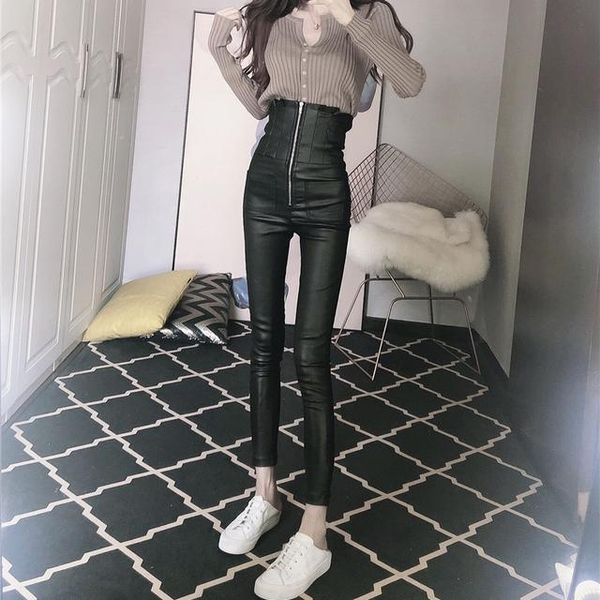 

women's pants & capris autumn winter women pu high waist faux leather office ladies fashion trousers casual slim black skinny pencil g2, Black;white