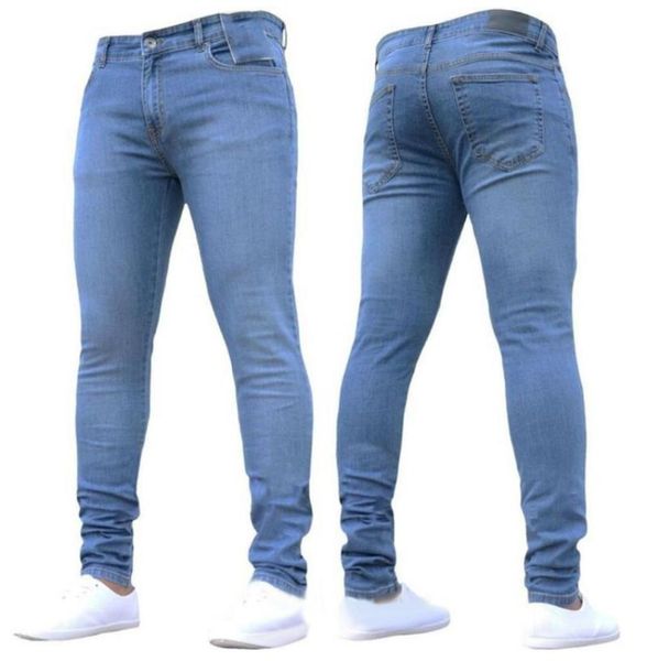 

men's jeans men pants high waist zipper stretch casual slim fit trousers male solid color hole pencil denim skinny for, Blue