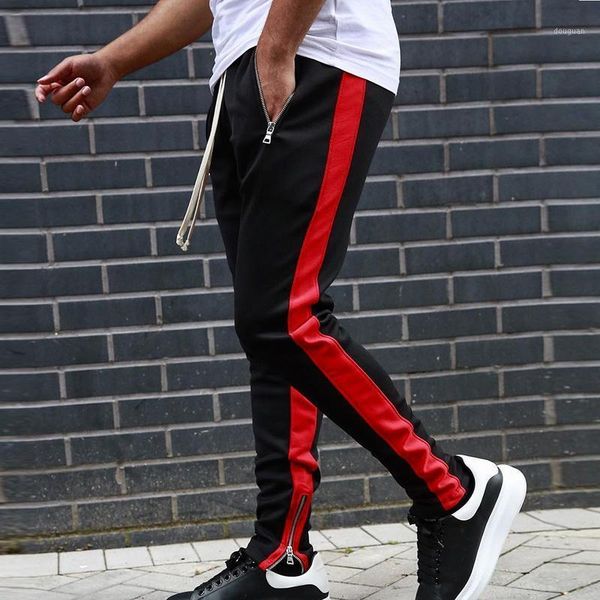 

men jogger stripe pants casual zipper pocket sports gymwear hip hop patchwork trousers 2021 streetwear men's, Black
