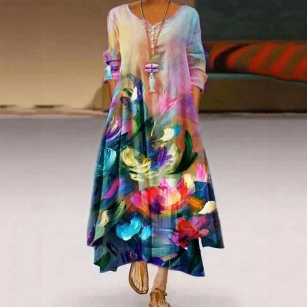 

vintage floral print dress women summer plus size daily casual long sleeve bohemian o neck vestidos de mujer dresses, Black;gray