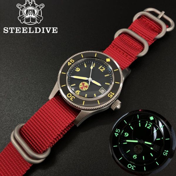

wristwatches steeldive 1952t diver watch mens mechanical automatic watches diving nh35 sapphire crystal china red steel dive men 300m, Slivery;brown