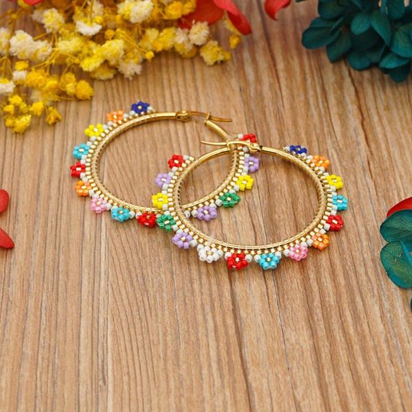 

hoop & huggie boho miyuki rice beads earring hand-woven colorful daisy beaded large circle exaggerated earrings for wedding women, Golden;silver