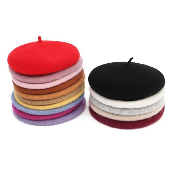 

caps & hats kids pure wool beret girl fashion british style solid color winter flat cap felt berets baby hat, Yellow