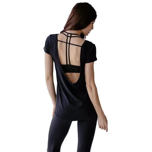 

yoga outfit t-shirt for fitness female backless modal jersey woman irregular jogging femme gym shirt workout short sleeve loose