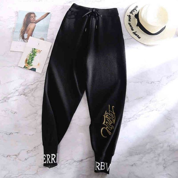 

women's pants & capris nomikuma autumn winter sweater lace up stretch waist ankle trousers korean embroidery letters knitted harem 6c86, Black;white