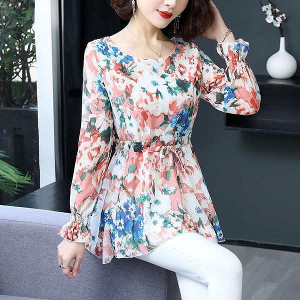 

women's blouses & shirts chiffon shirt long-sleeved 2021 spring and autumn large size mid-length waist loose thin bottoming, White