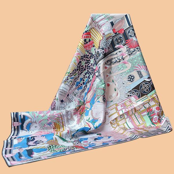 

scarves huajun 2 store||little lady pink "happy animals" 90 silk square scarf, twill printing, anti-wrinkle, hand sewing, Blue;gray