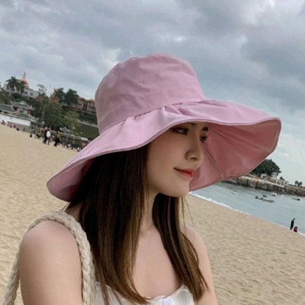 

wide brim hats summer outdoor sunscreen for women female floppy fisherman sun hat solid color big pink beach breathable foldable, Blue;gray