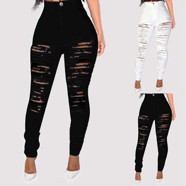 

hole jeans ripped trousers stretch women capri pencil button jean casual slim flares ladies t3g, Black;white