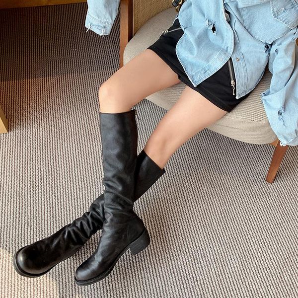 

boots women knee-high natural leather shoes 22-25 cm length spring and autumn winter back zipper womens, Black