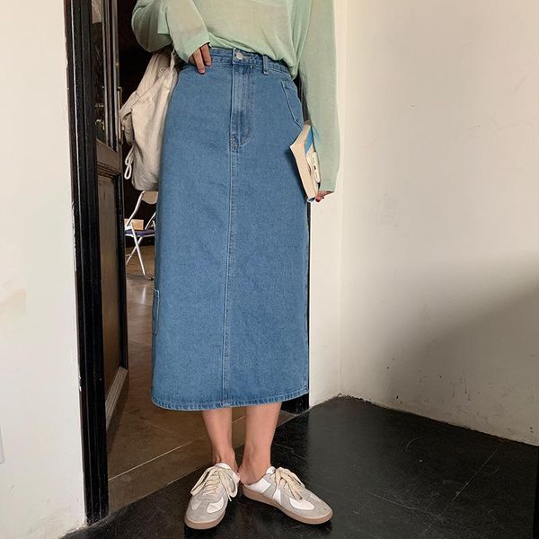 

skirts 2021 fashion summer blue high waist denim long womens spring vintage casual jeans maxi skirt for ladies women clothes, Black