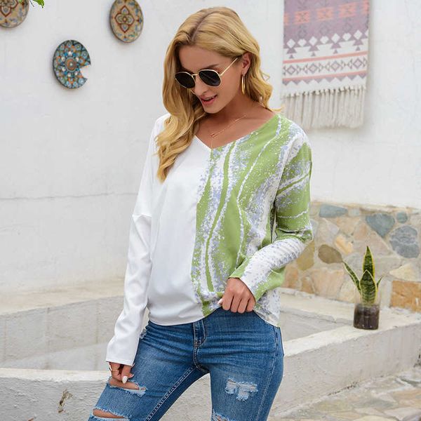 

summer women contrast color patchwork v neck t shirt casual loose long sleeve ladies daily life homewear t-shirt femme 210608, White