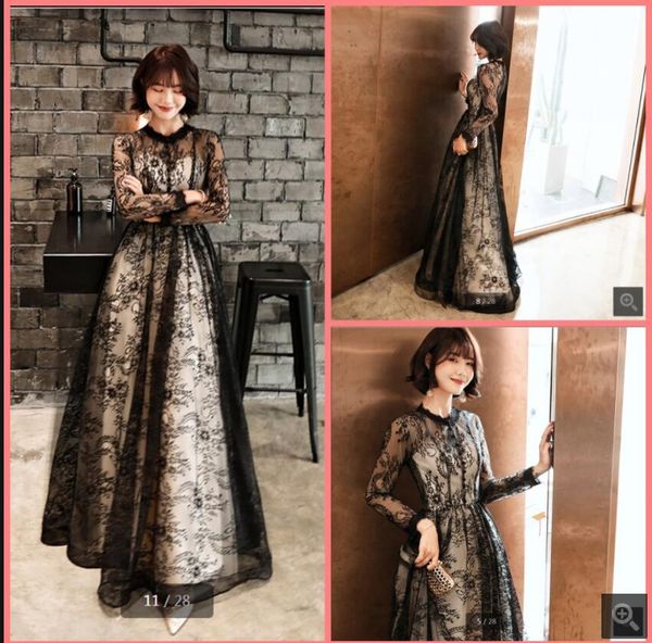 

2021 vestido de festa black champagne lace a line prom dresses floor length modest long sleeve elegant party dress formal muslim women gorge