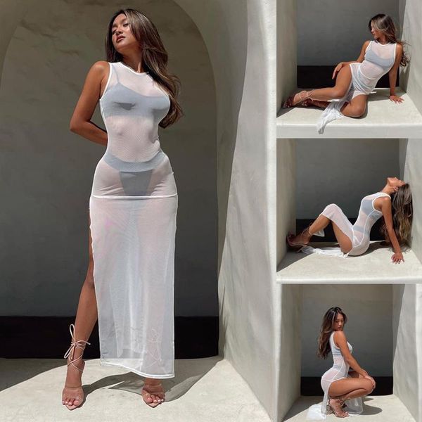 

women's swimwear women see-through slit bikini beach cover up swimsuit white sleeveless round collar long maxi split dresses mujer beac, White;black