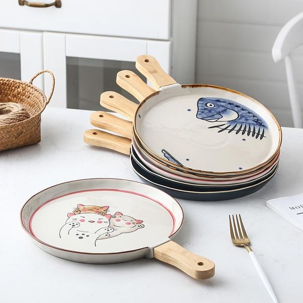 

cute ceramic western handle plate household hand-painted creative baking shallow breakfast pasta pizza steak dishes & plates