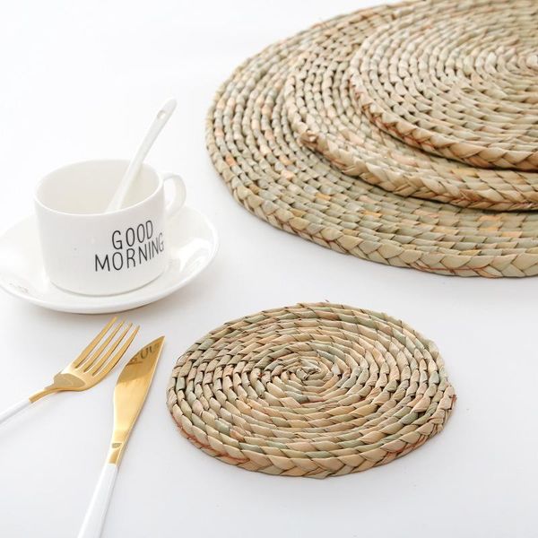

mats & pads 1pc round rattan placemats natural straw woven heat insulation dining table pot holder cup coasters kitchen accessories
