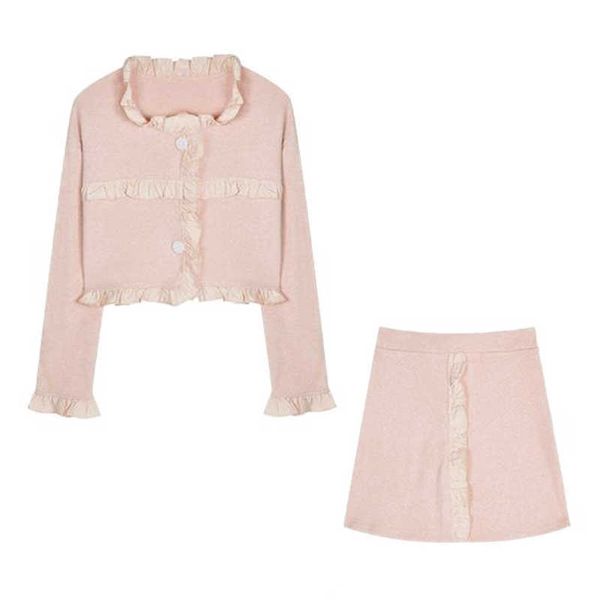 

perhaps u single-breasted long-sleeve shirt mini ruffle skirt women two piece set pink t0490 210529, White