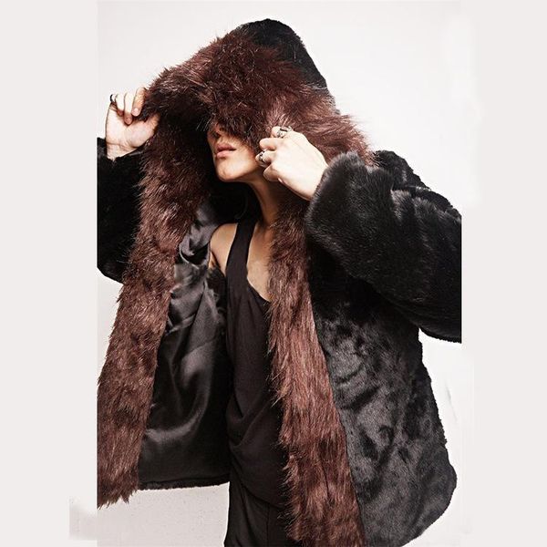 

men's fur & faux men coat hooded black thick solid color casual slim full sleeve winter male fashion