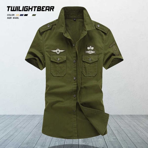 

summer pure cotton men shirt oversize male short sleeve leisure blouse military embroidery casual men's clothing 6xl af015 210809, White;black