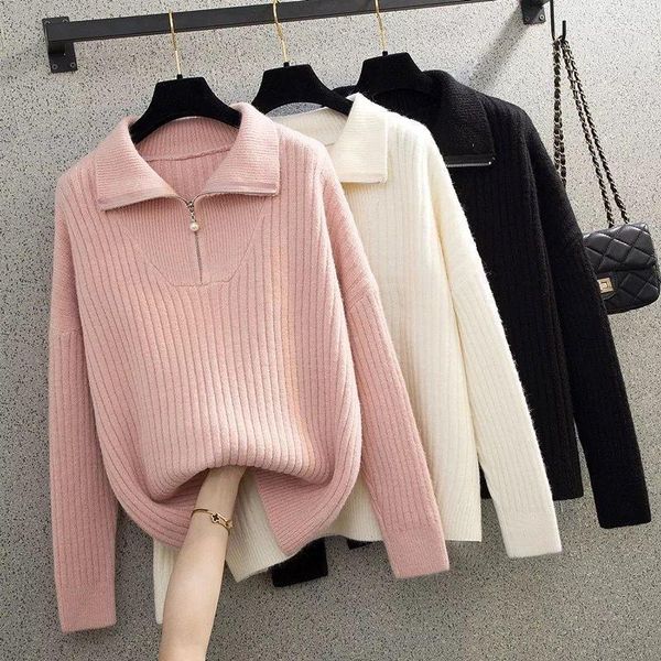 

women's sweaters autumn winter elegant zipper half high neck sweater for women casual all-match bottoming shirt solid color pullover, White;black