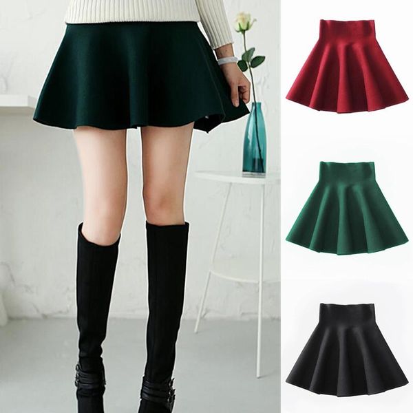 

skirts spring autumn women skirt knitting woolen midi ladies high waist casual pleated elastic flared womens, Black