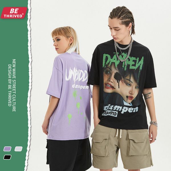 

be men's clothing - 2021 summer new dark girl print short sve ins languid cool fenggao street fashion brand t-shirt, White;black