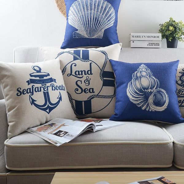 

blue nautical cushion covers coastal beach ocean throw pillow case linen anchor conch seashell retro vintage home sofa decor 18" cushio