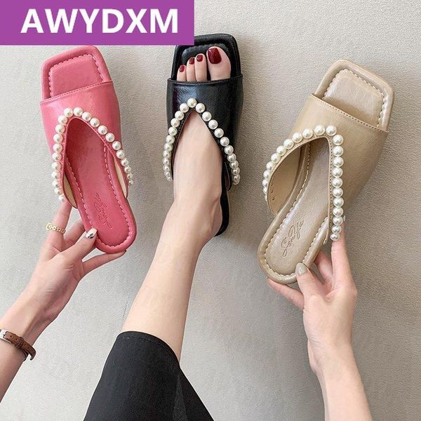 

fashion shoes summer women design fish mouth flat flip flops pearl decorative slippers ladies, Black