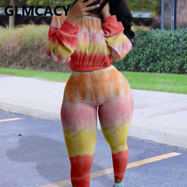 

womne abstract tie dye printed ribbed suits long sleeve sweatshirt and skinny pants set 210702, White