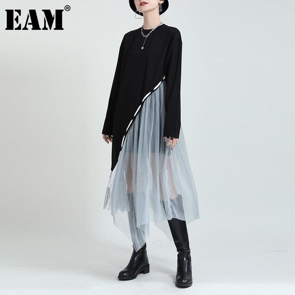 

casual dresses [eam] women black irregular mesh long dress round neck sleeve loose fit fashion tide spring autumn 2021 1de2350, Black;gray
