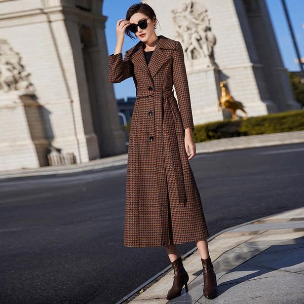 

women's wool & blends women long brown plaid winter blend coat 2021 autumn fashion single breasted trench jacket female woolen overcoat, Black