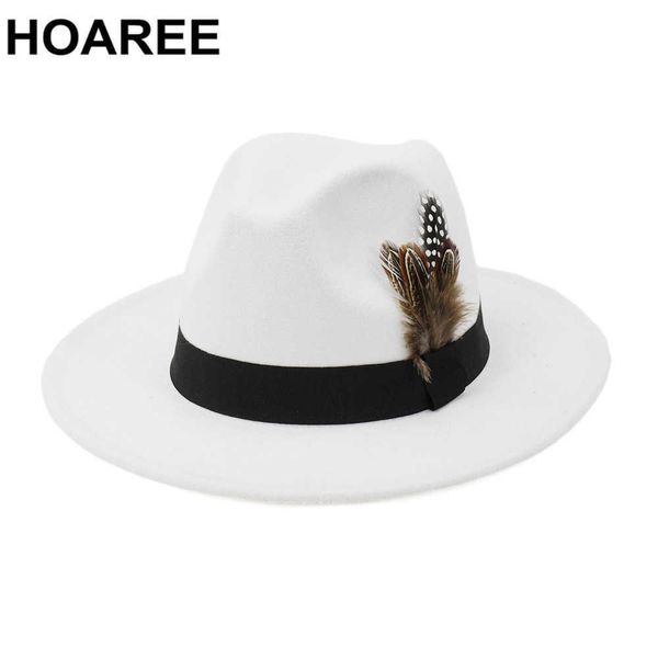 Hoaree White Wool Lana Vintage Trilby Felt Fedora Cappello con piume Donne Uomini Cappelli da chiesa larga Brim Maschio Femmina Autunno Caps Jazz Q0805