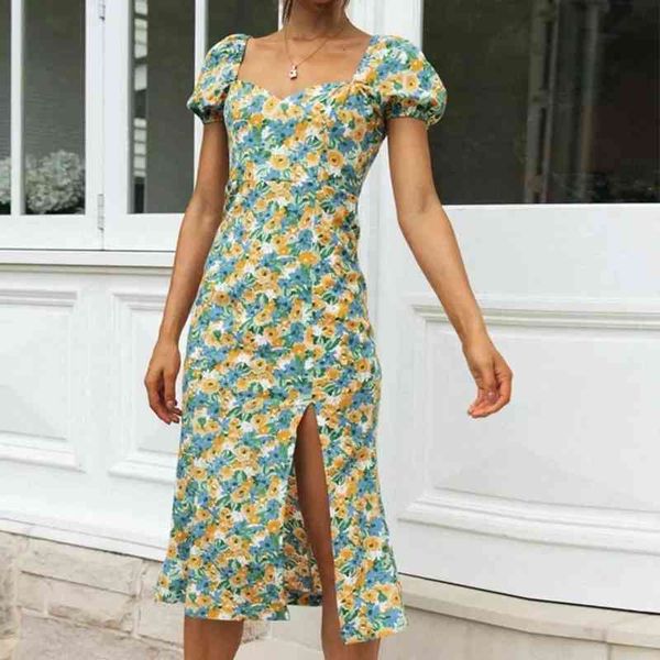 

women floral print high split irregular dress summer puff short sleeve elegant slim midi dress holiday boho vestidos 210416, Black;gray