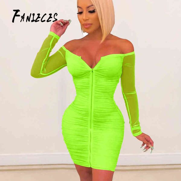 FANIECES Neon Lime Green Mesh Beachwear Herbst See Trog Langarm Mini Bodycon Etuikleid Sexy Vestidos Nachtclub Kleider 210520