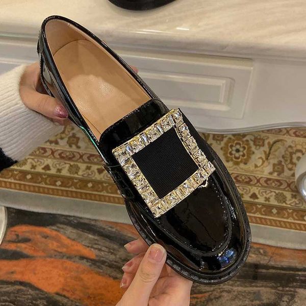 

lefu sho square buckle rhintone single women's black thick heel flat bottomed british college style small leather