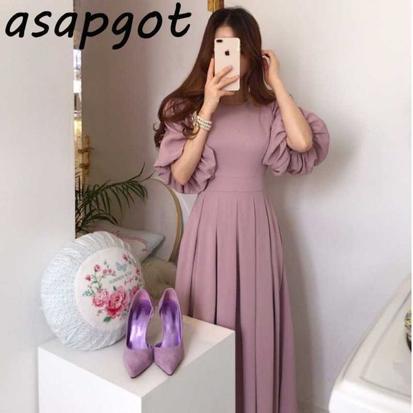 

chic korea fashion elegant o neck bandage lantern sleeve pleated dress women chiffon slim solid gentle retro vestido maxi summer 210610, Black;gray