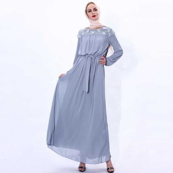

casual dresses houthion women's dress fashion muslim temperament round neck small daisy mesh embroidery elegant long-sleeved emqq, Black;gray