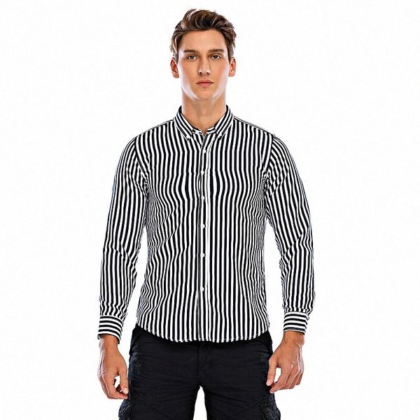 

men's shirt striped classic collar daily long sleeve blue white black 78a8#
