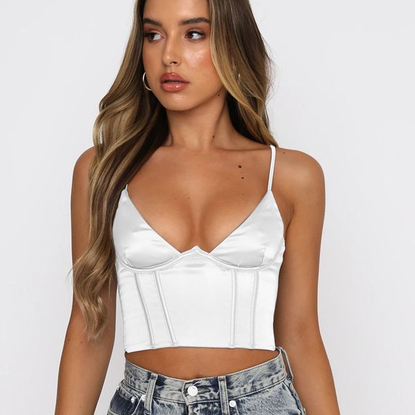 

v neck halter slim crop fashion women solid low cut casual femmal vest party club streetwear 2021 spring, White