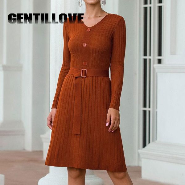

elegant long sleeve v neck button knitted dress with sashes office lady sweater vintage pleats a line 2021 year casual dresses, Black;gray