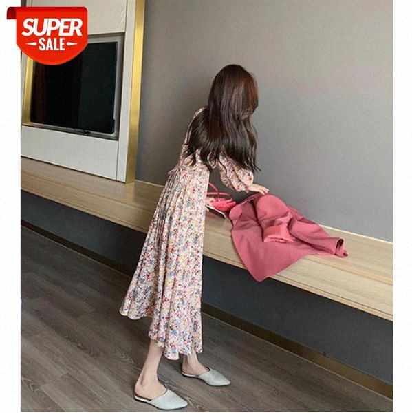 

[monet's garden oil painting skirt] gentle v-neck french floral skirt long sleeve dress female temperament #k973, White;black