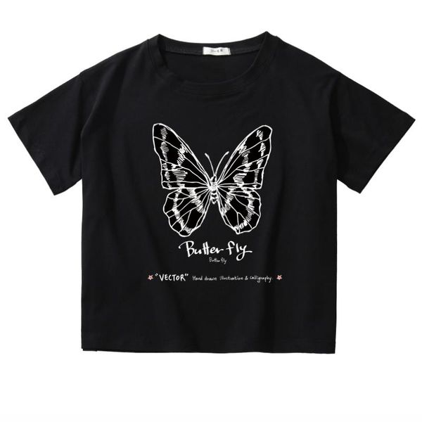 Damen-T-Shirt, modisch, schwarzer Schmetterlingsdruck, Baumwolle, bauchfreies Top, Harajuku, O-Ausschnitt, lässiges T-Shirt, coole Streetwear-T-Shirts, Gothic-Frauen, lockeres T-Shirt