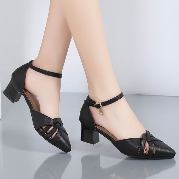 

summer shoes women dress shoes ankle strap pumps pointed toe hollow outs sandals high heels ol office lady zapatos mujer 9259n, Black
