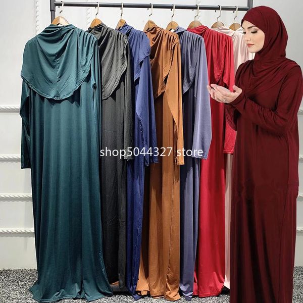 

ethnic clothing ramadan one pieces prayer outfit robe islam muslim women abaya jilbab dress with attached scarf hijab clothes 2021, Red