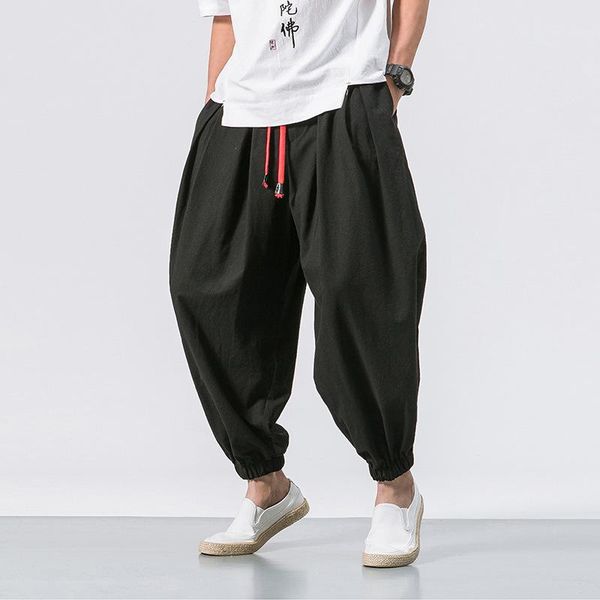 

men's pants fashion lace-up street straight trousers drawstring loose solid color casual linen, Black