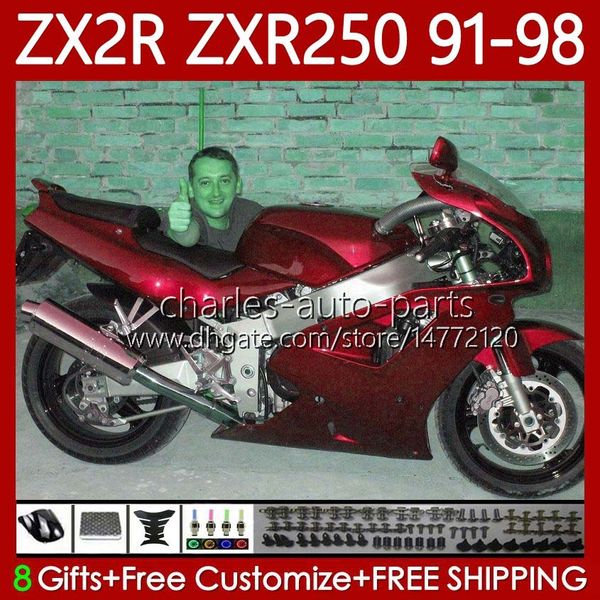 Комплект для тела для Kawasaki Ninja Wine Red ZXR-250 ZX 2R 2 R R250 ZXR 250 ZXR250 1991 1992 1993 1994 1995 1996 1996 1997 1998 85NO.86 ZX-R250 ZX-2R ZX2R 91 92 93 94 95 96 97 98