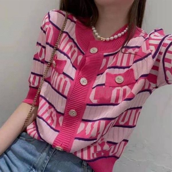 

luxury design family letter stripe short sleeve sweater women's spring loose button casual knitting cardigan coat a1, White;black