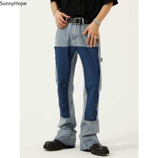 

men's jeans 2021 four seasons products high street design sense splash ink micro horn contrast stitching men, Blue