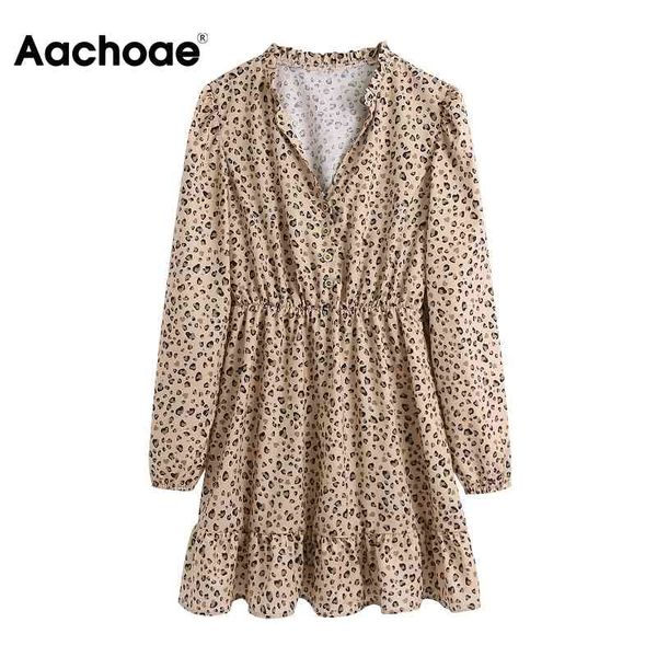 

fashion leopard print mini women v neck ruffle long sleeve vintage dress a line elastic waist casual dresses 210413, Black;gray